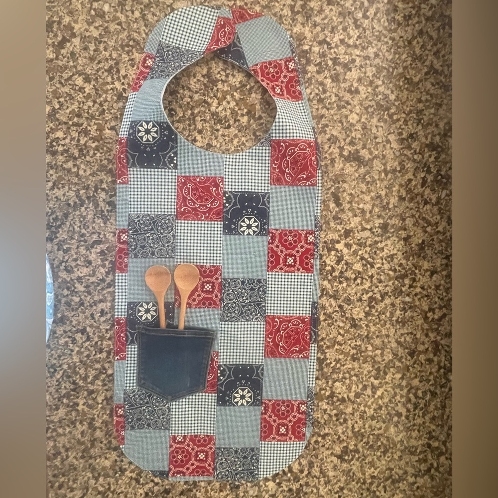 BBQ Apron with Utensil Pocket - patchwork Red, Blue, & White. Newly handcrafted.